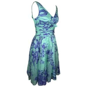 Y2K Elevenses Romantic 100% Silk Mint Green Blue Floral Dress Size 4